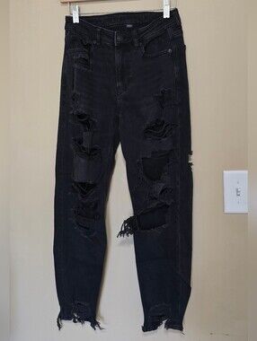 American Eagle Outfitters Black High-Rise Distressed Mom Jeans